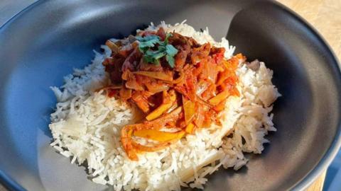 Plate of banana peel curry.