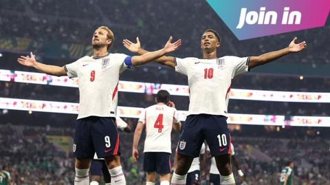 Harry Kane and Jude Bellingham celebrate for England against Mexico in the World Cup