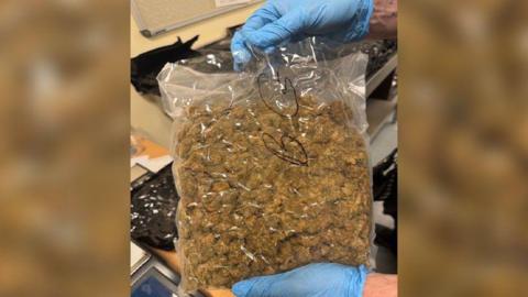 A pair of hands in blue gloves holding a large bag of cannabis that someone has written BG on in black pen