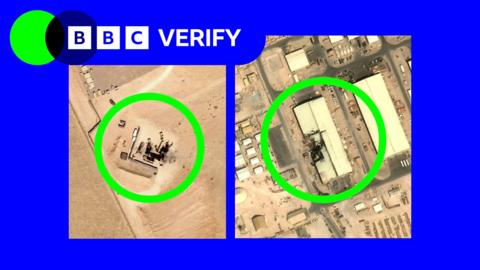 Satellite images of damaged military sites circled with a green ring, on top of a blue background.