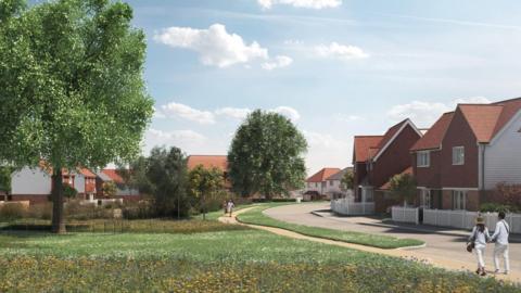 An artists impression of the housing development. There are a number of houses, as well as trees and a path. 