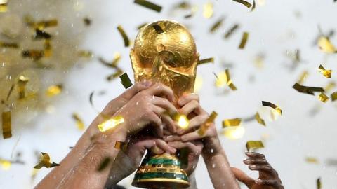 Close-up of the Fifa World Cup trophy.