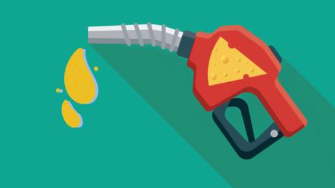 A red illustrated fuel hand pump with an illustrated image of cheese on it with two yellow droplets coming from the nozzle on a green background.