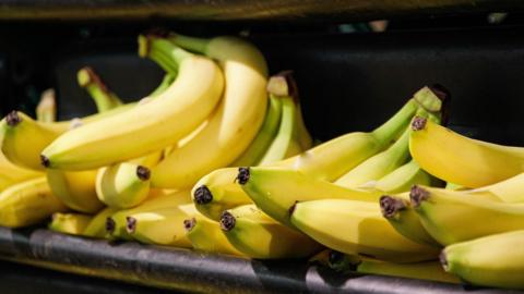 Stock image of a bunch of bananas on a supermarket shelf