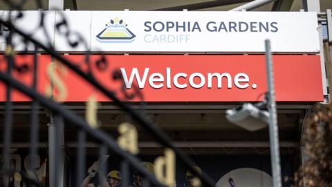 Welcome sign outside Sophia Gardens cricket ground in Cardiff