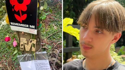 A split screen showing a young man with short light brown hair cut with a fringe. He has a moustache and is wearing a silver chain and a black t-shirt. On the other half of the screen is a tribute with a black and red sign that says Remember Me, with a gold M and a bunch of flowers. 