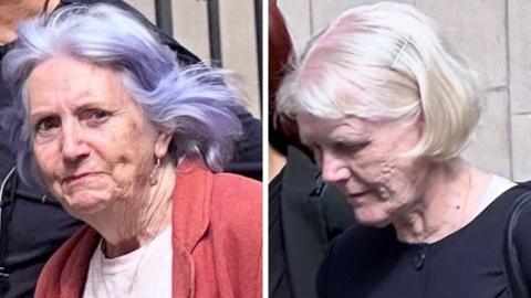 A composite image showing woman with purple rinsed hair wearing a red top and pink T shirt and another woman with white/blonde hair in a dark top, pictured outside a court building