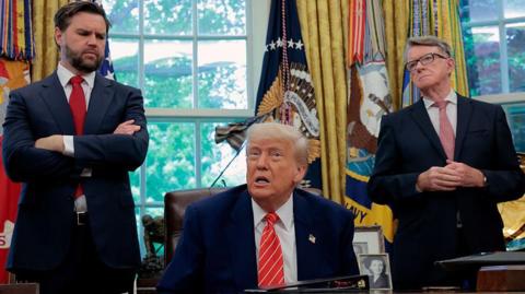 President Donald Trump along with Vice President JD Vance and Peter Mandelson, British Ambassador to the United States, address reporters in the Oval Office at the White House