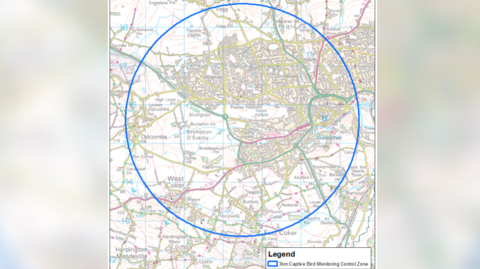 An Ordinance Survey map of Yeovil, with a blue circle on it indicating the monitoring zone.