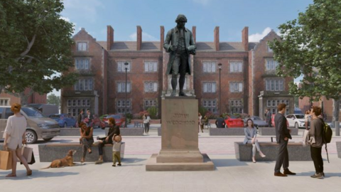 An artist' s impression of the statue. The 3D rendering showing a bronze statue central to the image, with a brown brick building in the background and a footpath in front.