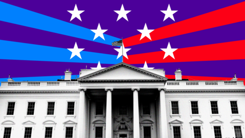 Black and white image of the White House against a stylised stars and stripes background in blue, red and purple