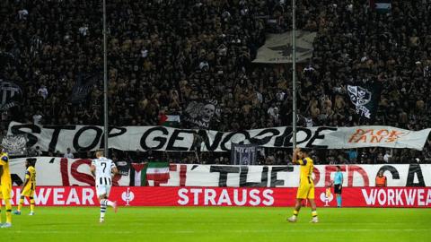 PAOK fans display banner with 'Stop genocide' message in match against Maccabi Tel Aviv