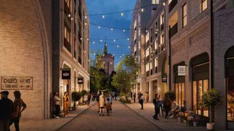 A CGI image of the Queensmere Observatory centre revamp, including flats and shops.