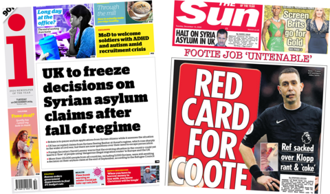 The headline in the i reads, "UK to freeze decisions on Syrian asylum claims after fall of regime", while the headline in the Sun reads, "Red card for Coote". 