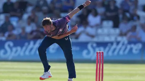 Tom Helm of Middlesex bowls during the Vitality Blast Men's T20 match between Kent Spitfires and Middlesex at The Spitfire Ground