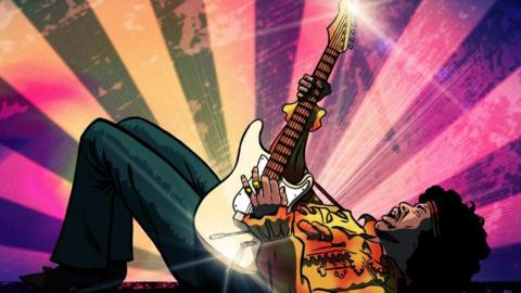 Cartoon image of Jimi Hendrix lying down holding a guitar against a multi-coloured backdrop.