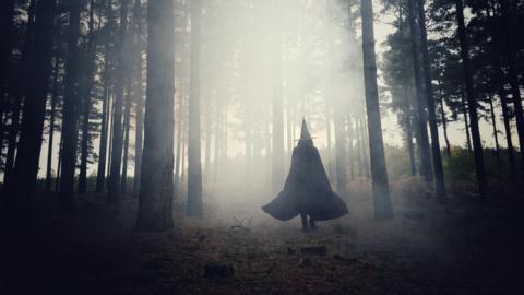 A woman with black cloak and a hat, walking through a misty forest