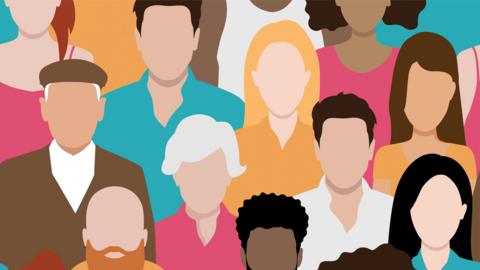 A graphic of head and shoulders of lots of people with blank faces with no features.