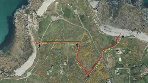 An aerial map view of the Fort Le Marchant area, complete with a red line marking out where pedestrian access will be during the training exercise