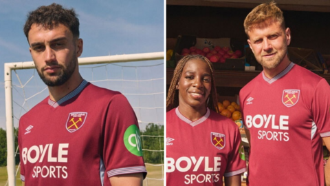 A split image of West Ham players modelling the new home strip