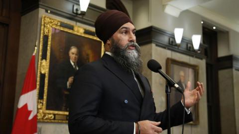 Jagmeet Singh, leader of Canada's New Democratic Party (NDP), during a news conference on the federal budget in Ottawa, Ontario, Canada, on Tuesday, April 16, 2024