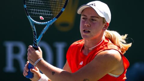 Sonay Kartal hits the ball during her match against Polina Kudermetova at Indian Wells