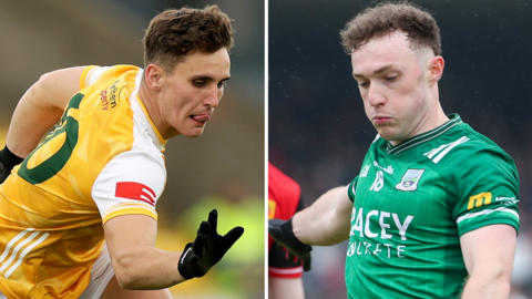 Antrim's Ronan Boyle and Fermanagh's Conor Love 