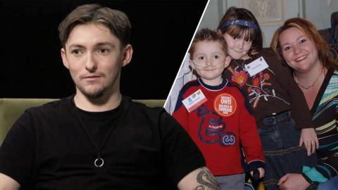 Split image of a man in a black t-shirt (left) and a young family - boy, girl and mother - posing for a picture (right)