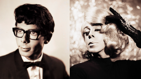 Two black and white photos. On the left, a man is wearing a tuxedo and glasses, on the right, a woman is about to sweep her hair back. Both are taken in the style of 1930s Hollywood photos, with a soft focus