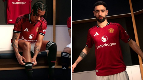 Leny Yoro and Bruno Fernandes in the new Manchester United home shirt
