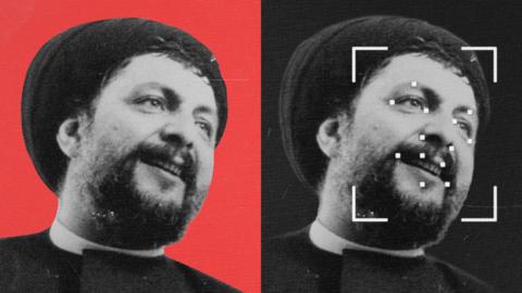 Two identical images of Musa al-Sadr, both black and white but one with a red background and one showing photo identification tracking points. 