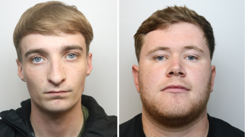 Mug shots of Shay and Charlie, Both are young men in their mid 20s, Shay on the left has blond hair and Charlie on the right has shorter brown hair. Both are wearing black tops