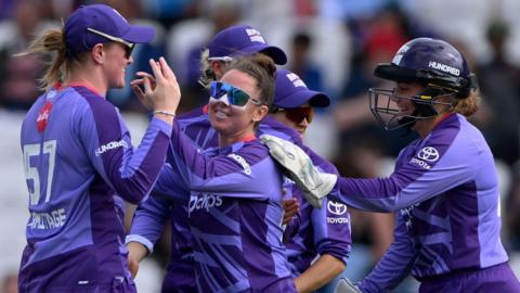 Northern Superchargers players celebrate a wicket