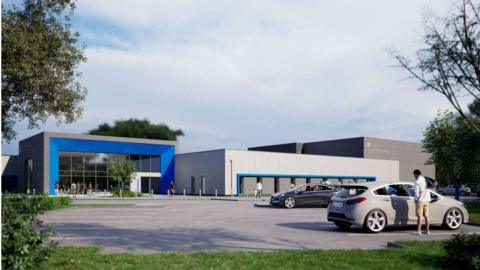 An artist's impression of the new facility. Three single-storey buildings stand in front of a car park. The first is glass-fronted with a blue border. The other two are grey blocks. 