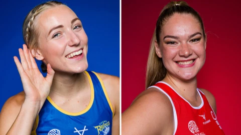 Sanmarie Visser of Leeds Rhinos and Rolene Streutker of Nottingham Forest in team kit, smiling for pre-season pictures