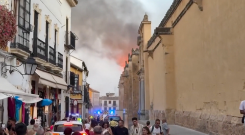 Footage shows as flames and smoke wafts out of the historic building