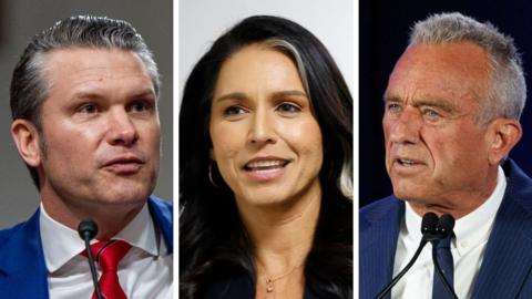 A composite image split into three with headshorts of Hegseth, Gabbard and Kennedy