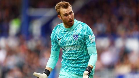 Portsmouth goalkeeper Will Norris reacts during the Championship match between Portsmouth and West Bromwich Albion at Fratton Park