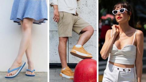 Three side by side photos from left a woman's legs wearing a skirt and flip flops, a man's legs wearing shorts and a woman wearing a white strappy top