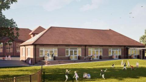 An artist's impression of the extension. A single storey building has a larger building behind it. In front is a grass area with children playing.