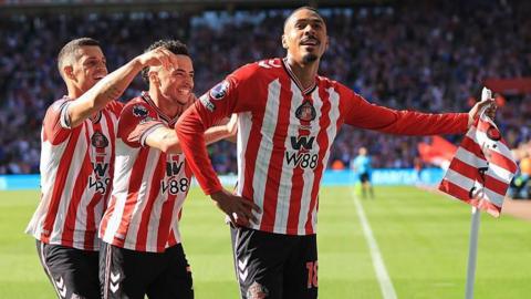 Wilson Isidor celebrates scoring for Sunderland against West Ham in the Premier League