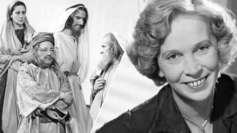 A split picture with the first image of Tom Fleming playing the part of Jesus in Jesus of Nazareth in 1956. The second is of Joy Harington, the writer and producer of Jesus of Nazareth, pictured in 1960.