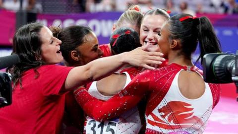 England gymnastics team celebrate
