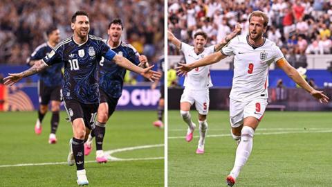 Messi and Kane both celebrating scoring a goal.