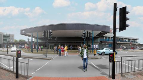 An artist impression showing a large canopy which covers the entrance to a railway station. It is viewed from a pedestrian crossing opposite, and there are people seen walking across the road as well as vehicles parked and driving.