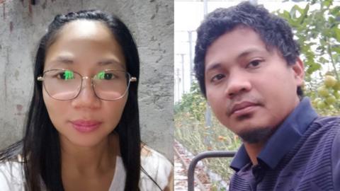 A split screen image with a photo of Grace Castrudes on the left. A woman with black hair, wearing wire-framed glasses and looking into the camera. On the right of the image, George Castrudes is taking a selfie in a green house, there are vegetables either side of him. He is wearing a blue t-shirt.