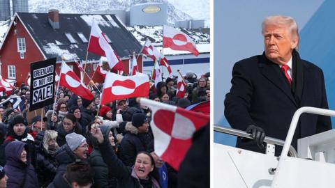 A composite image of protesters in Greenland and Donald Trump.