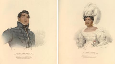 Sketches of a young Hawaiian man and women in fine 19th century clothing. On the left is the king wearing a dark grey military style jacket. He has short wavy hair and is posing, looking slightly upwards. The Queen is wearing a white plumed headdress and a square-necked white dress with fine ruffled neckline, puffed sleeved and the dress gathers in at the waistband and flares out in pleats. Her hair is gathered and you can only see some of her curled hair around her forehead and she wears earrings. 