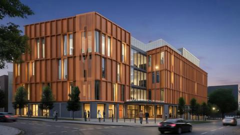 A design of the proposed digital hub. It is a large brown building with glass windows and there is cars driving in front of the vehicle.
