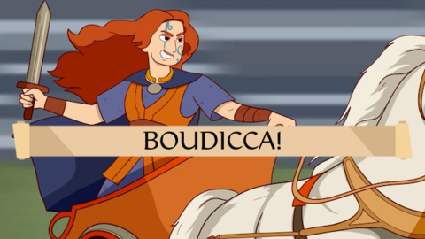 Illustration of Boudicca riding a chariot with a sword in hand.